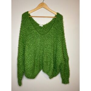 POL Green Fuzzy Textured Knit Sweater V-Neck Chunky Size S